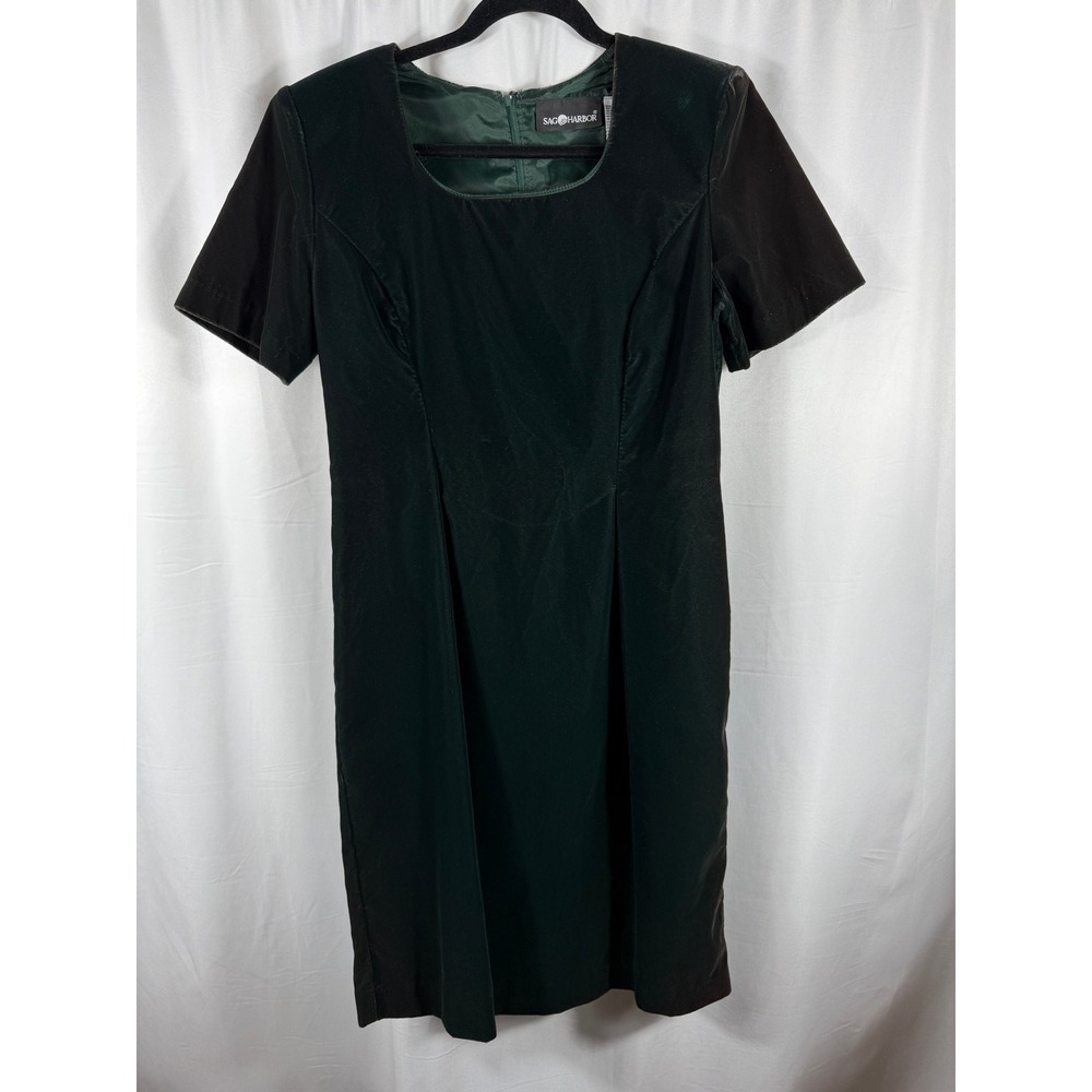 Sag Harbor Vintage 90s Forest Green Velvet Sheath Dress Size 10 Short Sleeve